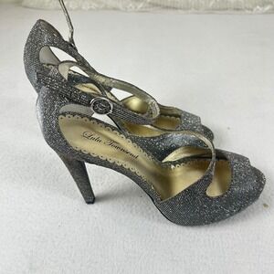 Lulu Townsend Silver Glitter Peep Toe Platform Ankle Strap Heels Womens Size 10M